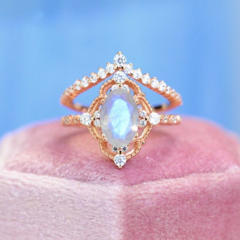 Oval Natural Moonstone Vintage Ring. Two Rings Set